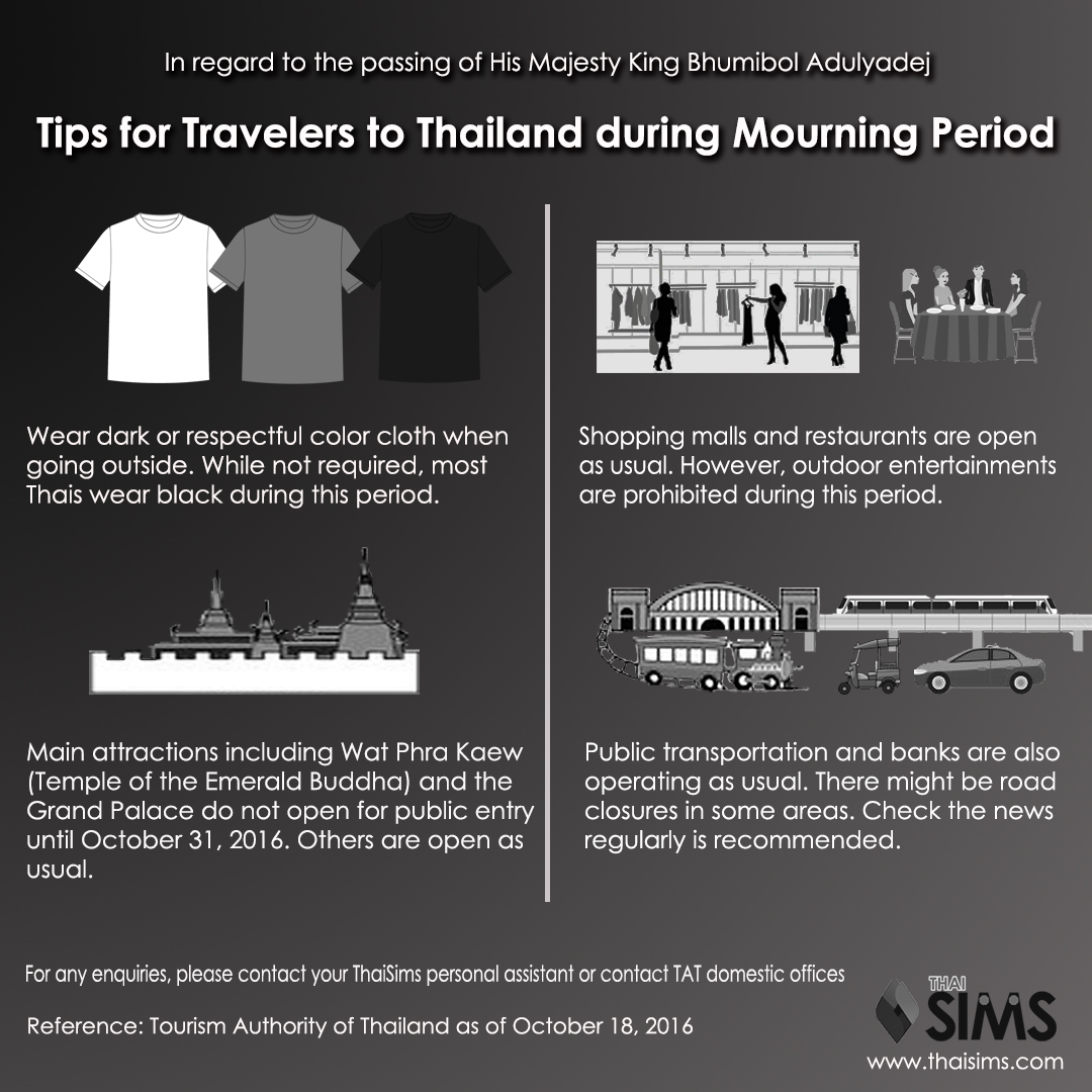 ThaiSims Pocket WiFi Rental Infographic Tips Advice for travelers to Thailand during King Mourning Period